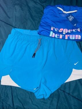 Nike Women's Blue Athletic Shorts with White Panels & free t shirt
